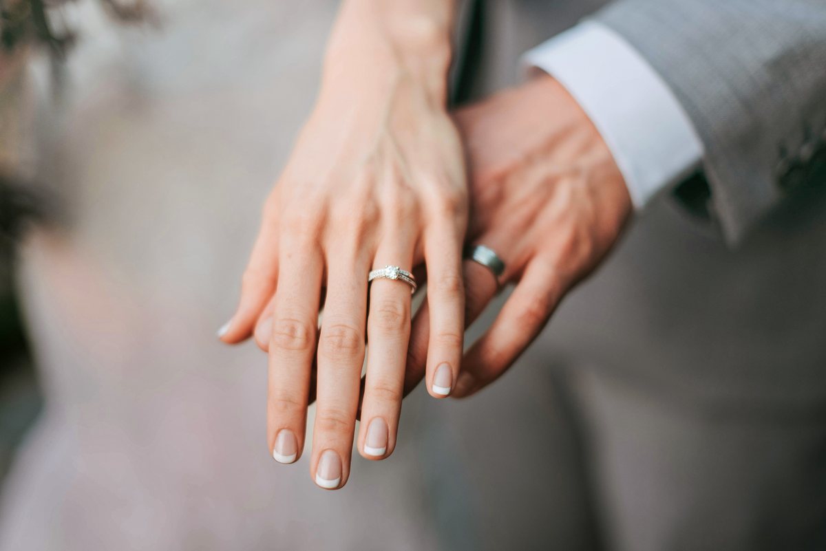 The couple's hands and ring, finished in the Cinematic look